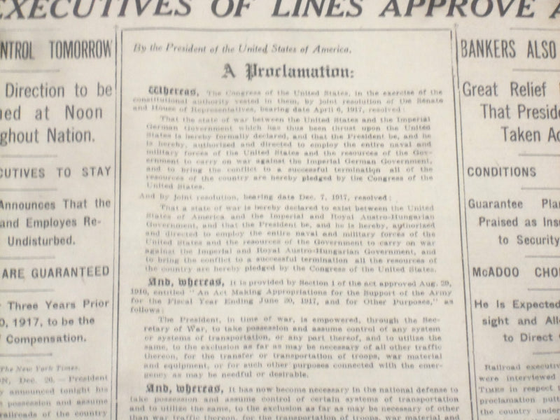 1917 DECEMBER 27 NEW YORK TIMES - WILSON TAKES OVER RAILROADS - NT 8265