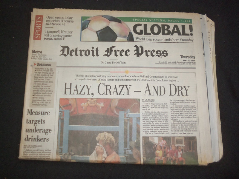 1994 JUNE 16 DETROIT FREE PRESS NEWSPAPER -WORLD CUP SOCCER LANDS HERE - NP 7694