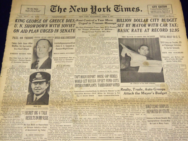 1947 APRIL 2 NEW YORK TIMES - KING GEORGE OF GREECE DIES - NT 3275