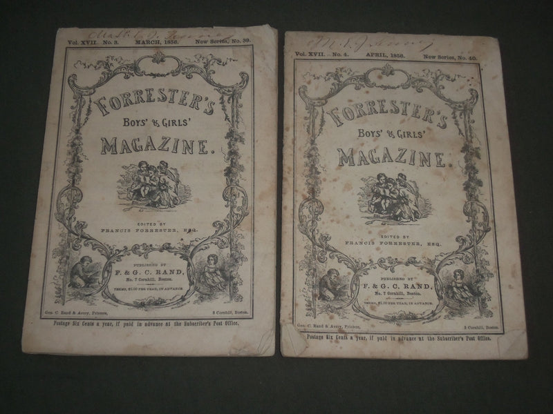 1856 MARCH & APRIL FORRESTER'S BOYS & GIRLS' MAGAZINE LOT OF 2 ISSUES - J 2712