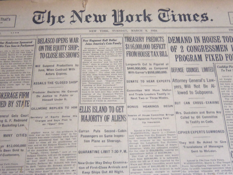 1924 MARCH 4 NEW YORK TIMES - BELASCO OPENS WAR ON THE EQUITY SHOP - NT 6828