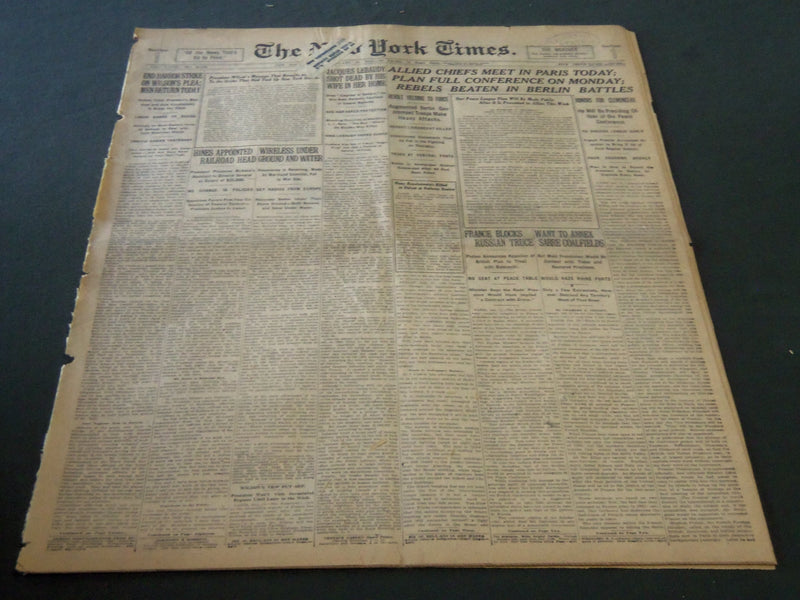 1919 JANUARY 12 NEW YORK TIMES - ALLIED CHIEFS MEET IN PARIS TODAY - NT 5832
