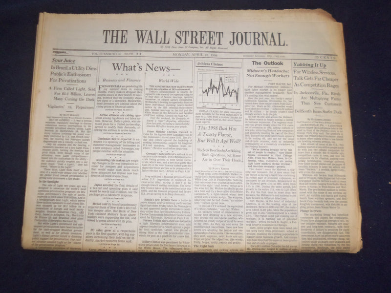 1998 APR 27 THE WALL STREET JOURNAL -WIRELESS SERVICES TALK GETS CHEAPER - WJ 99