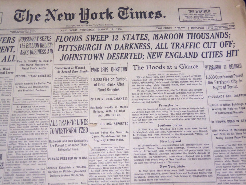 1936 MAR 19 NEW YORK TIMES - JOHNSTOWN DESERTED, PITTSBURGH IN DARKNESS- NT 1849