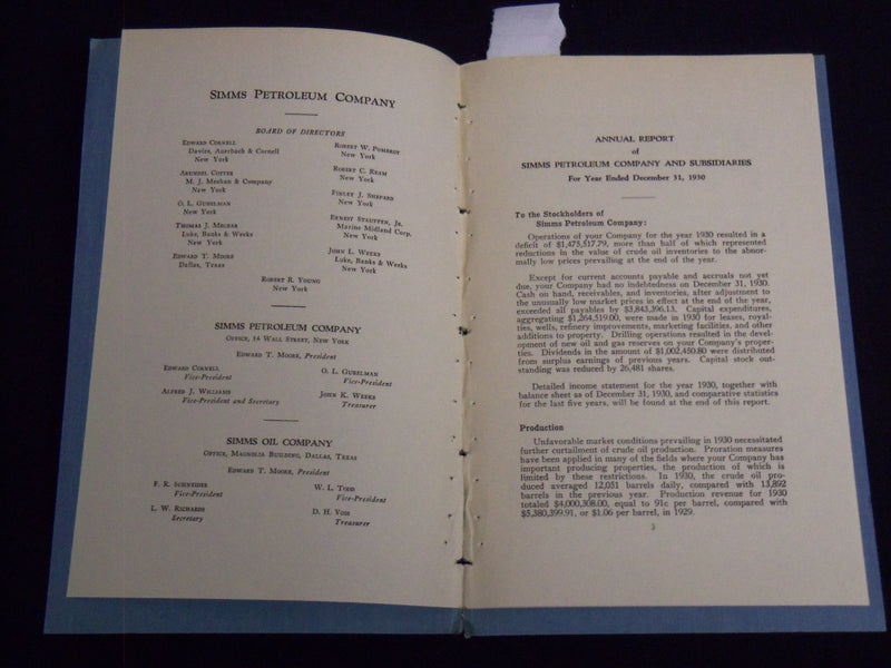 1930 SIMMS PETROLEUM COMPANY STOCKHOLDERS REPORT - NEW YORK- J 8936