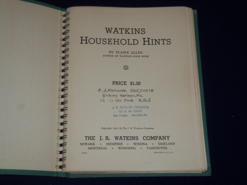 1941 WATKINS HOUSEHOLD HINTS BOOK BY ELAINE ALLEN - PRODUCT REVIEWS - KD 2370