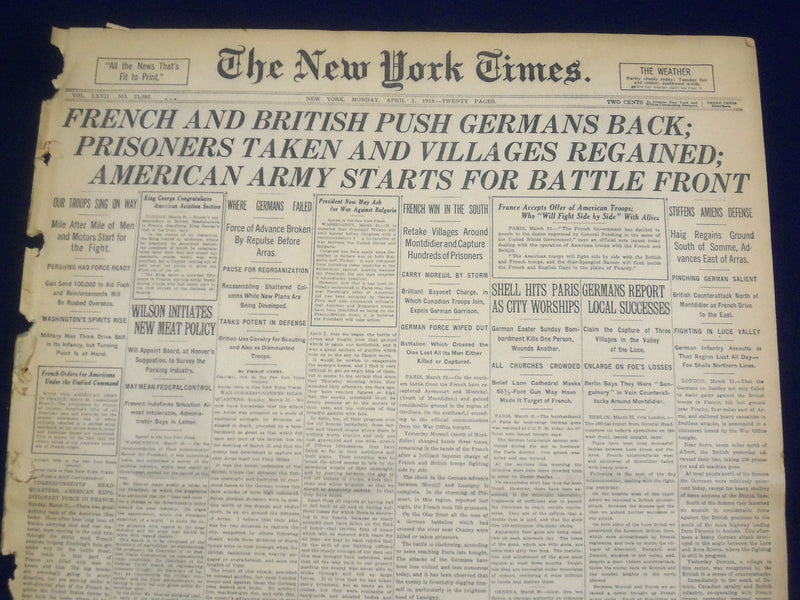 1918 APRIL 1 NEW YORK TIMES -AMERICAN ARMY STARTS FOR BATTLEFRONT - NT 8198