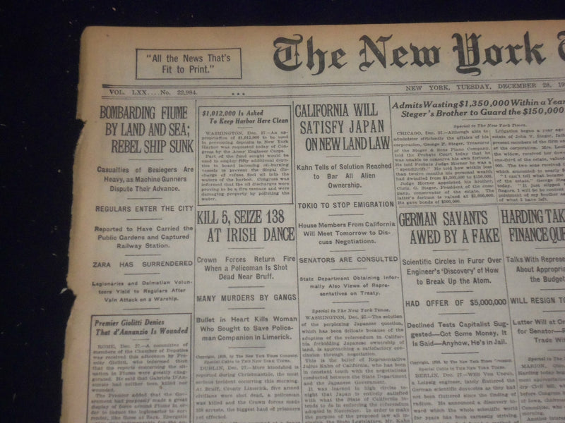 1920 DECEMBER 28 NEW YORK TIMES - BOMBARDING FIUME BY LAND AND SEA - NT 8490