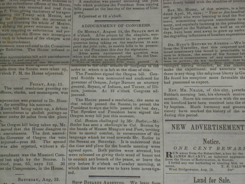 1848 AUGUST 19 MASSACHUSETTS PLOUGHMAN NEWSPAPER - OREGON BILL - NP 5153