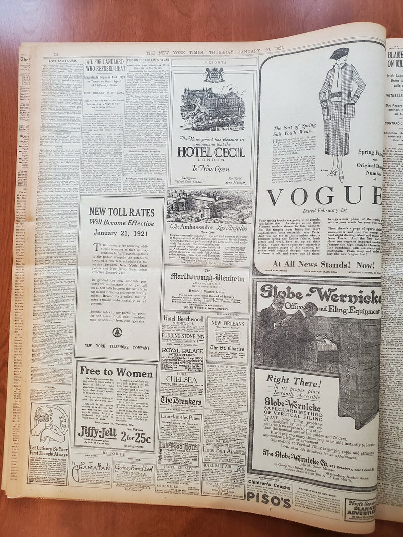 1921 JANUARY 20 NEW YORK TIMES NEWSPAPER - CARPENTER FIGHT IS OFF - NT 8107