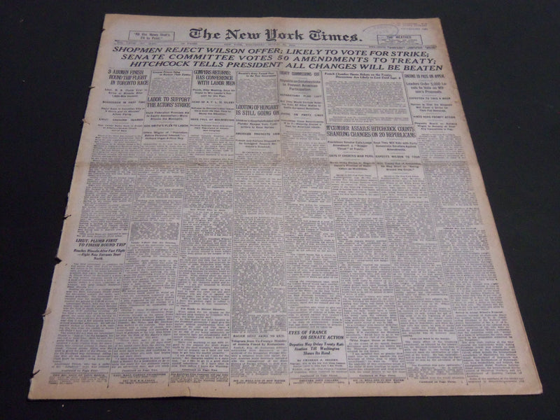 1919 AUGUST 27 NEW YORK TIMES - SHOPMEN REJECT WILSON OFFER - NT 6963