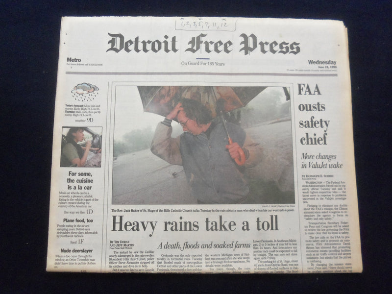 1996 JUNE 19 DETROIT FREE PRESS NEWSPAPER - FAA OUTS SAFETY CHIEF - NP 7264