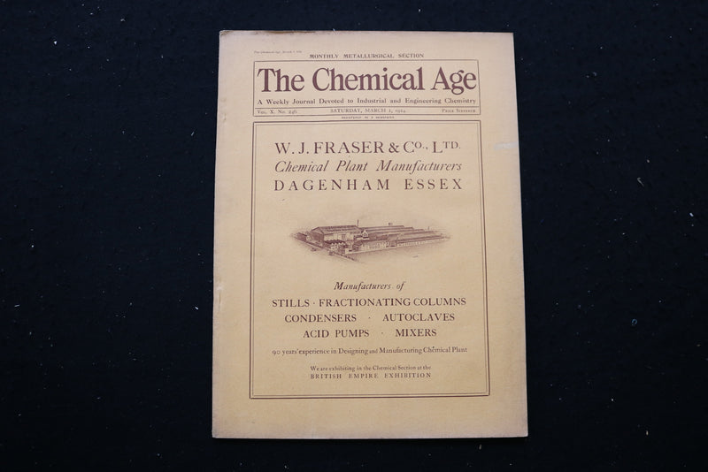 1924 MARCH 1 THE CHEMICAL AGE MAGAZINE - W.J. FRASER & CO. COVER - SP 4190M