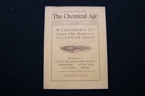 1924 MARCH 1 THE CHEMICAL AGE MAGAZINE - W.J. FRASER & CO. COVER - SP 4190M