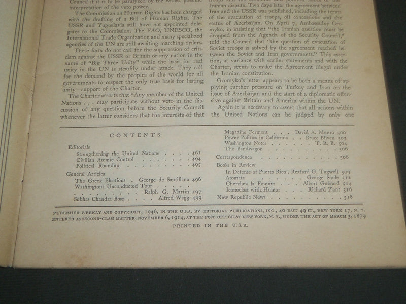 1946 APRIL 15 NEW REPUBLIC MAGAZINE 2 PARTS- FDR - FRANKLIN D. ROOSEVELT- J 4843