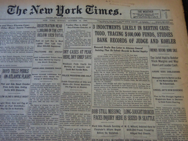 1930 OCTOBER 12 NEW YORK TIMES - 3 INDICTMENTS LIKELY IN BERTINI CASE - NT 5745