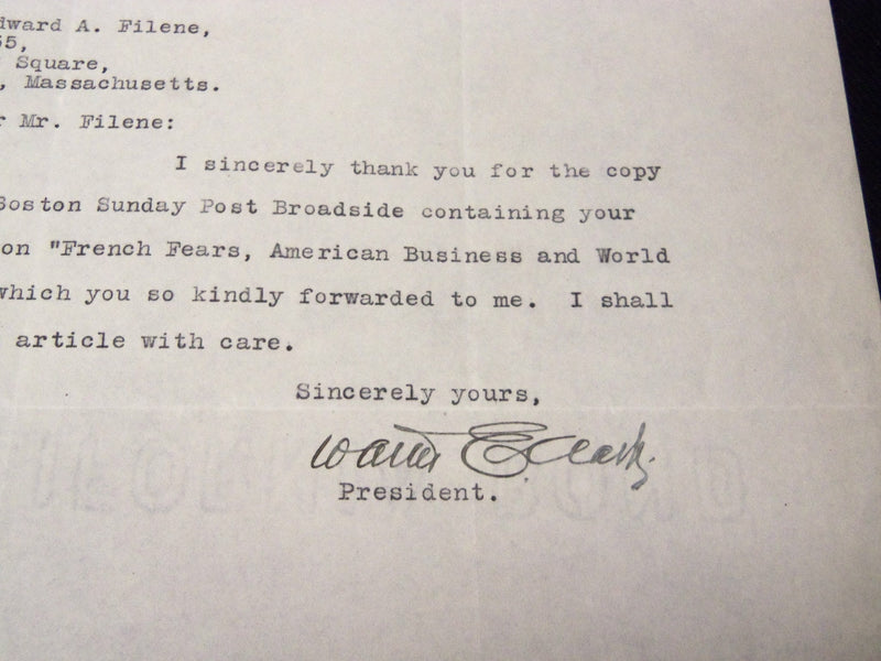 1923 WALTER E. CLARK SIGNED TYPED LETTER TO EDWARD FILENE - J 5371