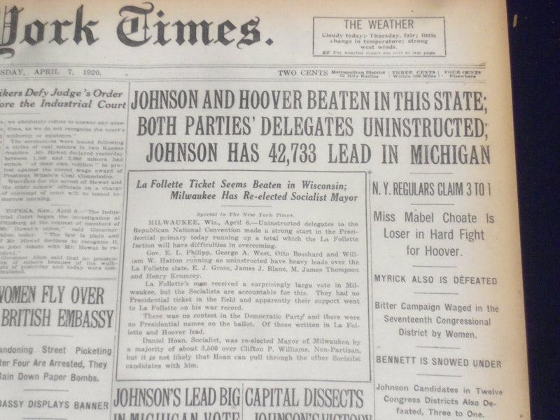 1920 APRIL 7 NEW YORK TIMES - JOHNSON AND HOOVER BEATEN IN THIS STATE - NT 8283