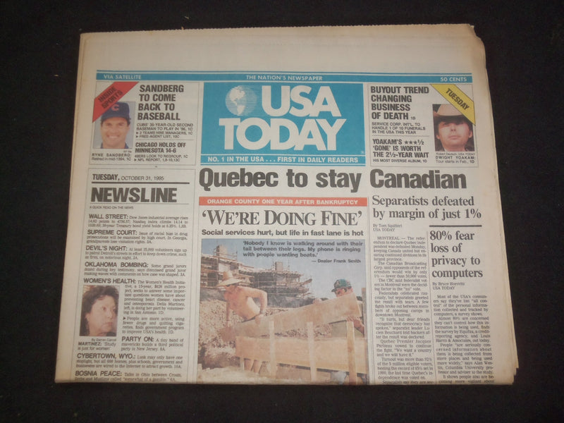 1995 OCTOBER 31 USA TODAY NEWSPAPER - QUEBEC TO STAY CANADIAN - NP 7805