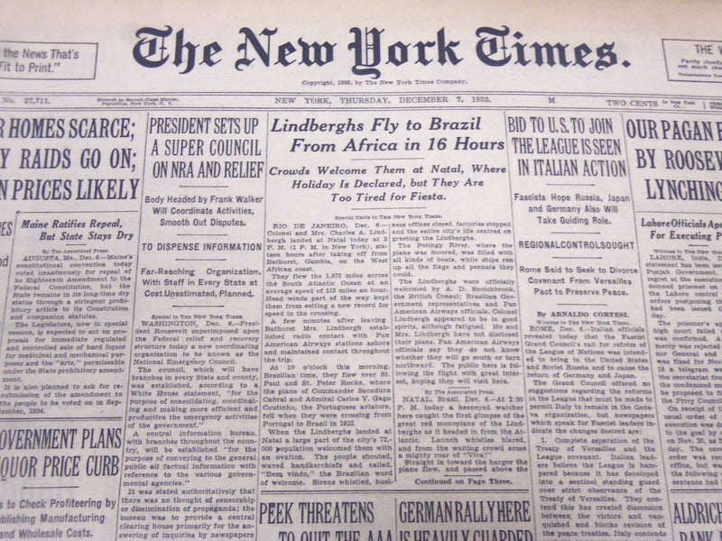 1933 DECEMBER 7 NEW YORK TIMES - LINDBERGHS FLY TO BRAZIL FROM AFRICA - NT 5265