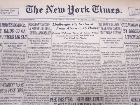 1933 DECEMBER 7 NEW YORK TIMES - LINDBERGHS FLY TO BRAZIL FROM AFRICA - NT 5265