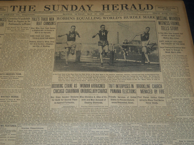 1908 MAY 17 THE BOSTON HERALD - ROBBINS EQUALLING WORLD'S HURDLE MARK - BH 70