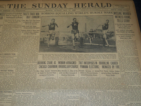 1908 MAY 17 THE BOSTON HERALD - ROBBINS EQUALLING WORLD'S HURDLE MARK - BH 70