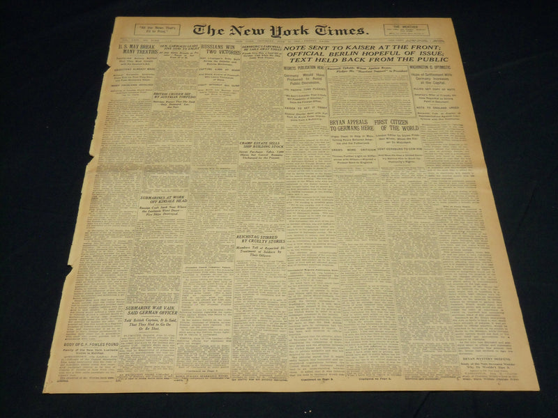 1915 JUNE 12 NEW YORK TIMES - NOTE SENT TO KAISER AT THE FRONT - NT 7700