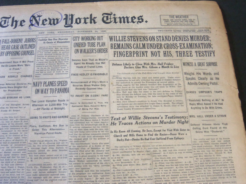 1926 NOVEMBER 24 NEW YORK TIMES - WILLIE STEVENS ON STAND DENIES MURDER- NT 6528