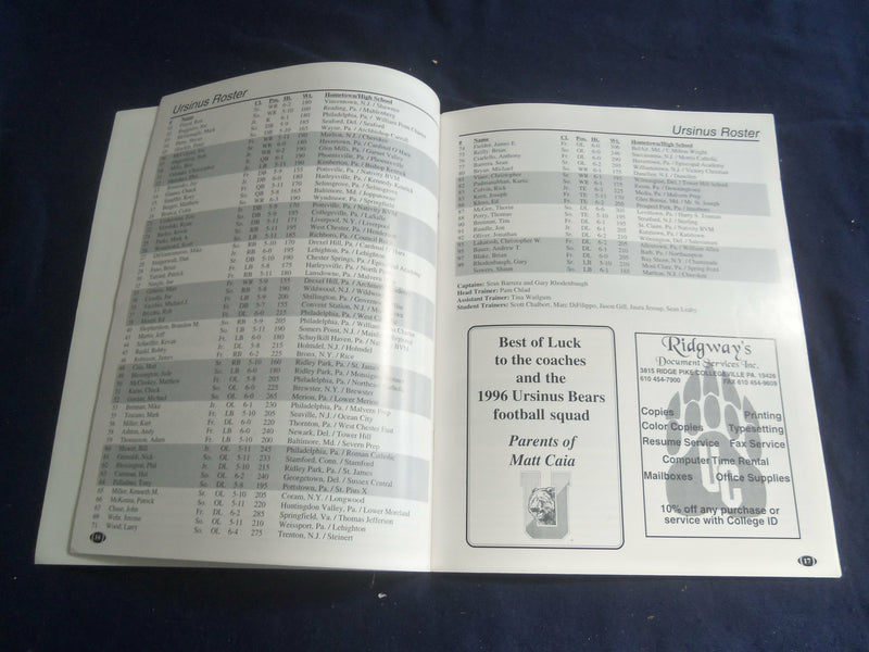 1996 SEP 7 FOOTBALL PROGRAM - URSINUS COLLEGE VS ALFRED UNIVERSITY - SP 1218Q