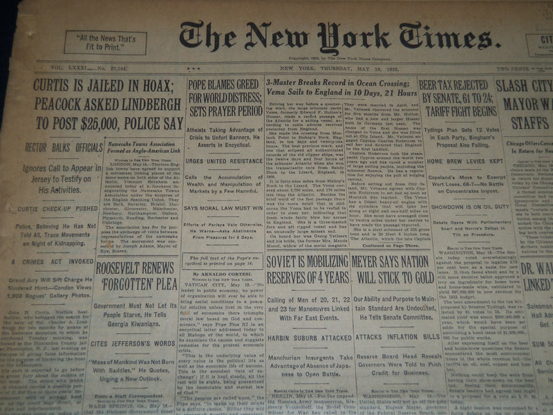 1932 MAY 19 NEW YORK TIMES NEWSPAPER - CURTIS JAILED IN HOAX - NT 7439