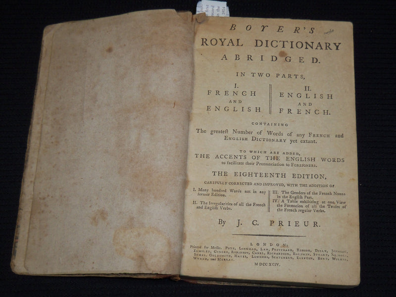 1794 BOYER'S ROYAL DICTIONARY ABRIDGED BY J. C. PRIEUR - VOLUME 1 & 2 - KD 703T