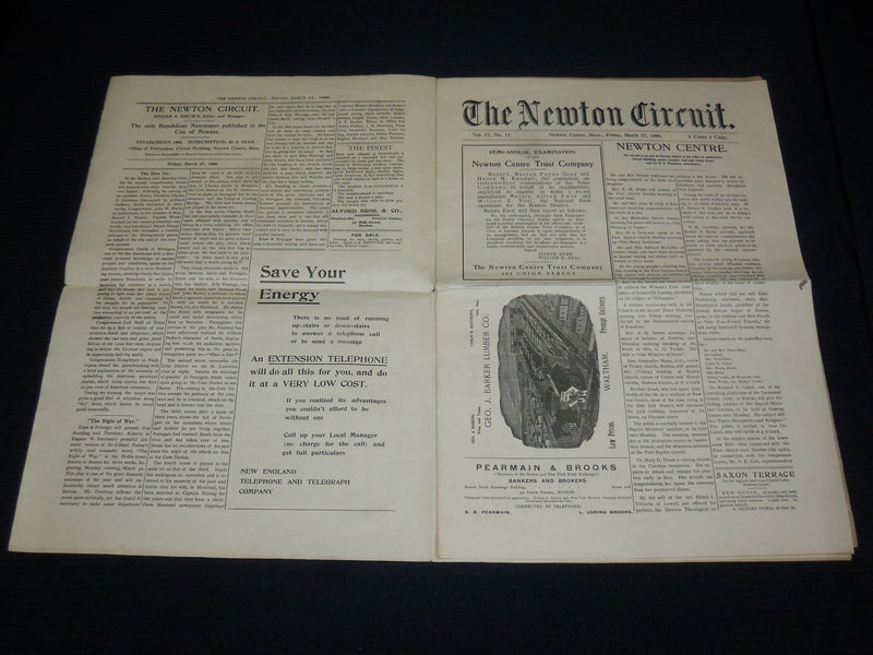 1908 MARCH 27 THE NEWTON CIRCUIT NEWSPAPER - MASSACHUSETTS - NP 4251E