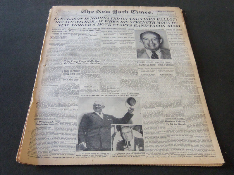 1952 JUL 26 NEW YORK TIMES - STEVENSON IS NOMINATED ON THE THIRD BALLOT- NT 5987