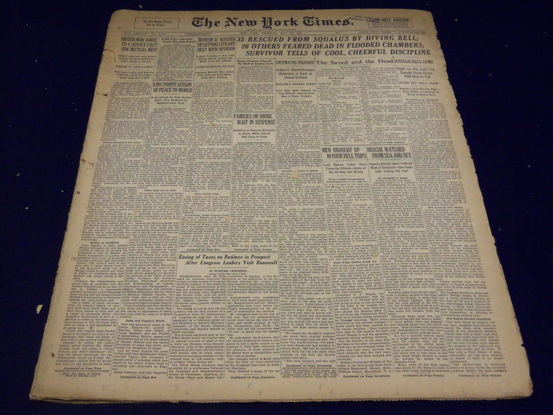 1939 MAY 25 NEW YORK TIMES - 33 RESCUED FROM SQUALUS BY DRIVING BELL - NT 589