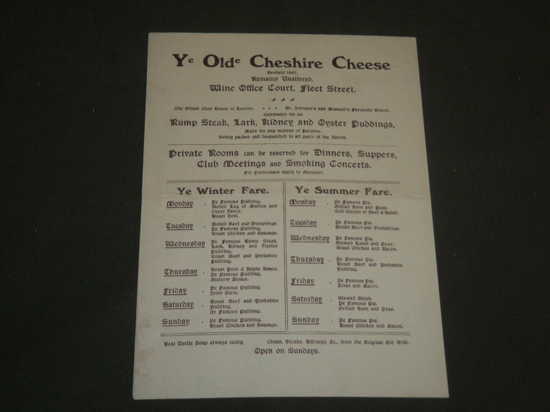1926 YE OLDE CHESHYRE CHEESE MENU - WINE OFFICE COURT FLEET STREET - J 4818