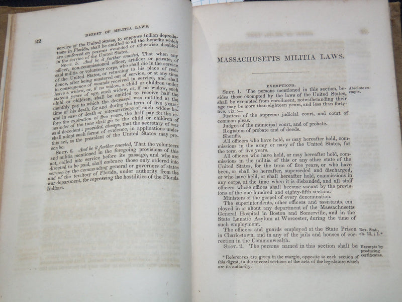 1851 MILITIA LAWS OF MASSACHUSETTS HARDCOVER BOOK BY EBENEZER W. STONE - KD 81G