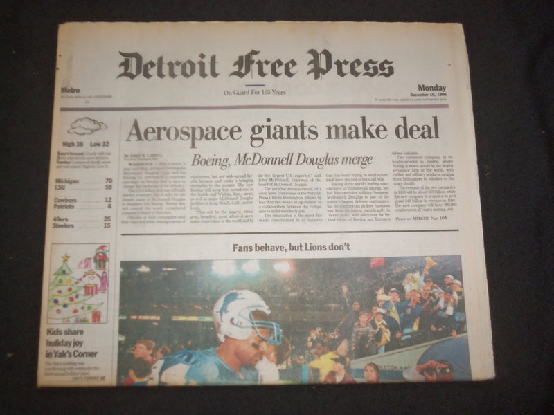1996 DEC 16 DETROIT FREE PRESS NEWSPAPER -BOEING/MCDONNEL DOUGLAS MERGE- NP 7626