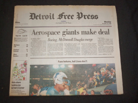 1996 DEC 16 DETROIT FREE PRESS NEWSPAPER -BOEING/MCDONNEL DOUGLAS MERGE- NP 7626