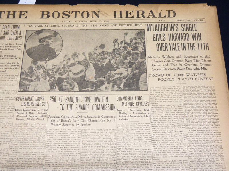 1909 JUNE 25 THE BOSTON HERALD - M'LAUGHLIN GIVES HARVARD WIN OVER YALE - BH 370