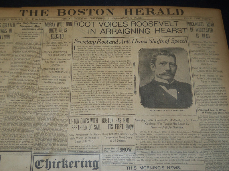 1906 NOV 2 THE BOSTON HERALD - ROOT VOICES ROOSEVELT ARRAIGNING HEARST - BH 139