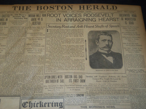 1906 NOV 2 THE BOSTON HERALD - ROOT VOICES ROOSEVELT ARRAIGNING HEARST - BH 139
