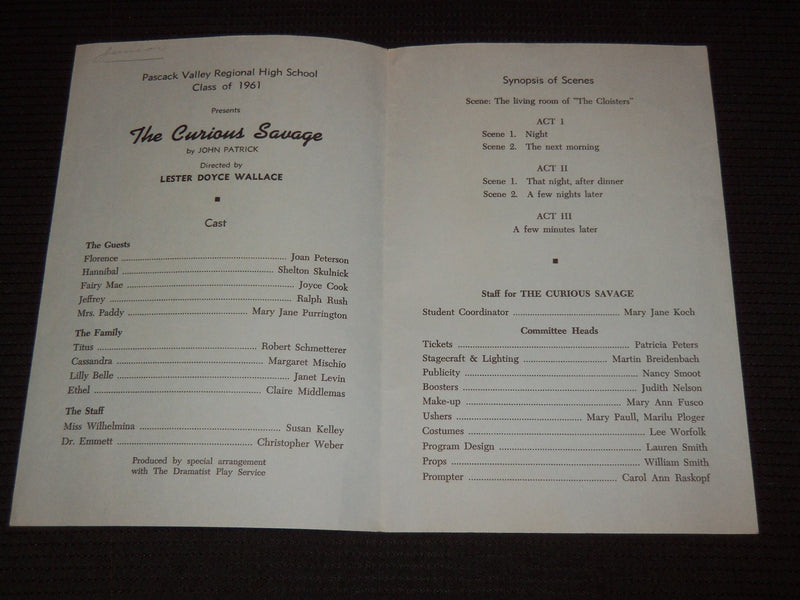 1961 THE CURIOUS SAVAGE PROGRAM - PASCACK VALLEY HIGH SCHOOL - NJ - J 7470