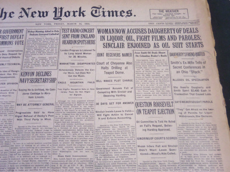 1924 MARCH 14 NEW YORK TIMES - WOMAN NOW ACCUSES DAUGHERTY OF DEALS - NT 6817