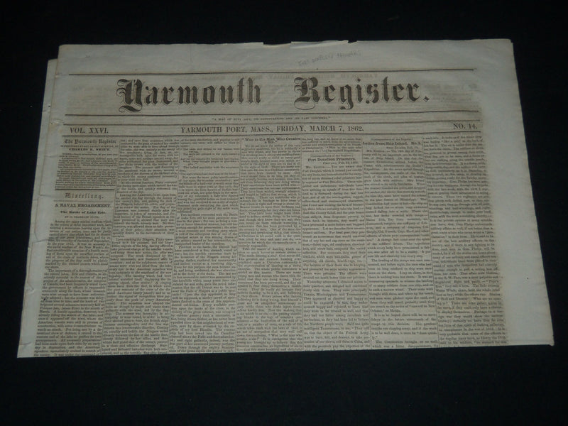 1862 MARCH 7 YARMOUTH REGISTER NEWSPAPER - FT. DONELSON PRISONERS - NP 614G