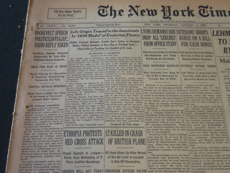 1936 JANUARY 2 NEW YORK TIMES - LIFE ORIGIN TRACED TO THE INANIMATE - NT 6709