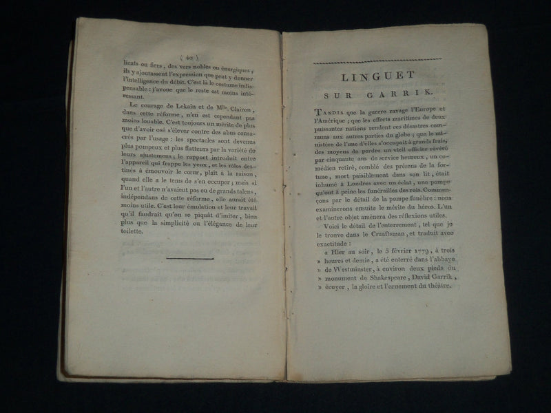 EARLY 1800'S JUGEMENS SUR LEKAIN PAR MOLE FRENCH BOOK - J 4305