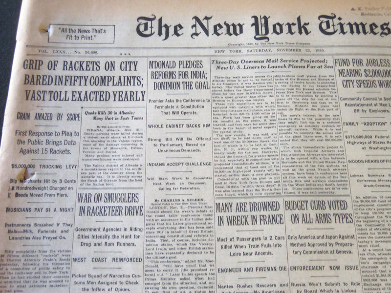 1930 NOV 22 NEW YORK TIMES - GRIP OF RACKETS BARED IN 50 COMPLAINTS - NT 6333