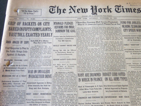 1930 NOV 22 NEW YORK TIMES - GRIP OF RACKETS BARED IN 50 COMPLAINTS - NT 6333