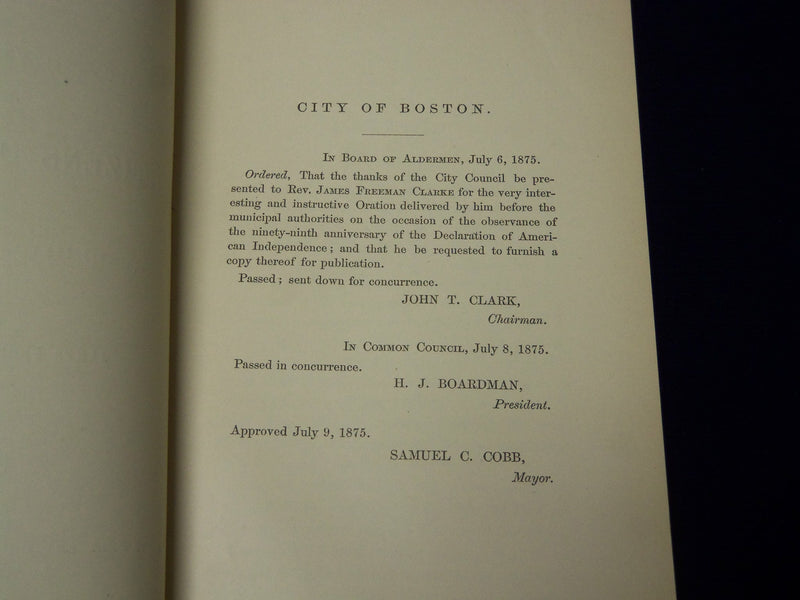 1875 ORATION CITY GOVERNMENT CITIZENS OF BOSTON BY JAMES FREEMAN CLARKE - J 4558